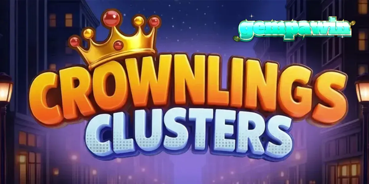 Tampilan visual slot Crownlings Clusters dengan karakter blob berwarna-warni dan latar belakang neon.